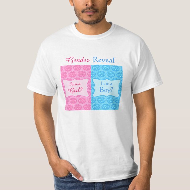 Camiseta Azul cor-de-rosa Damasco Sexo de Bebê Revelação Fe (Frente)