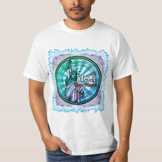 Camiseta azul da Estátua da Liberdade EUA (Frente)