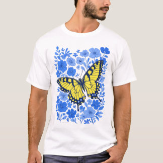 Camiseta azul da flor da andorinha amarela