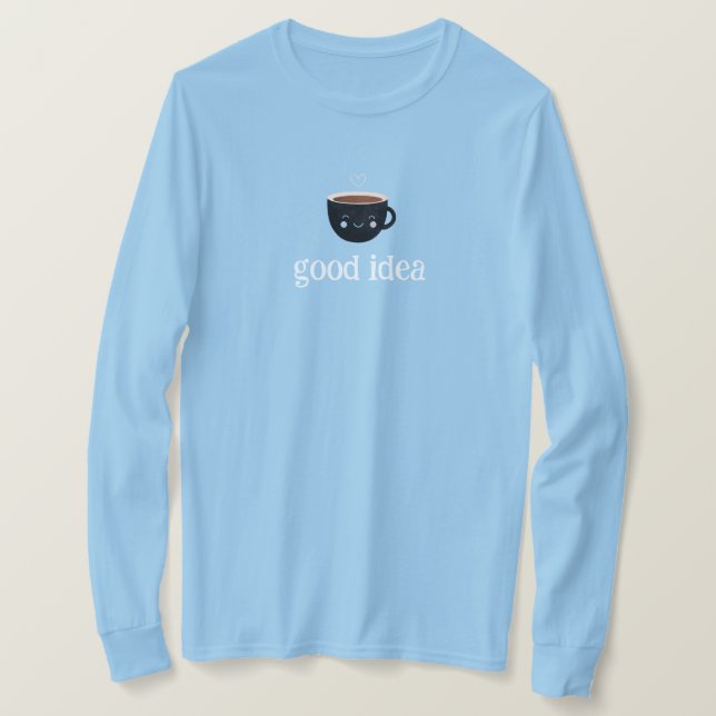 Camiseta Azul de Manga Longa Xícara de Café Fofa B (Frente do Design)