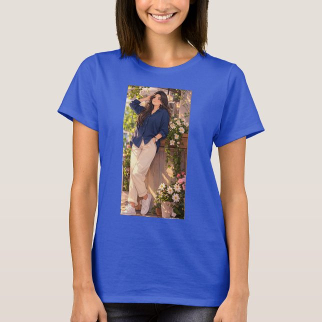 Camiseta azul de verão para meninas. (Frente)