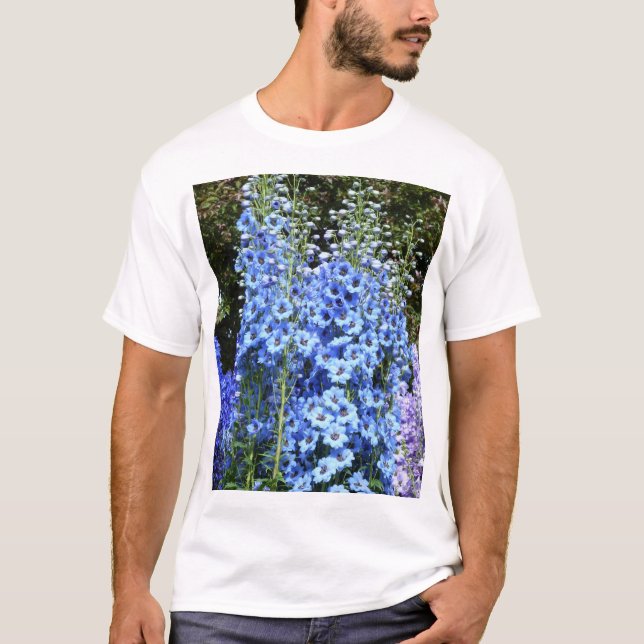 Camiseta Azul Delfinium Floral Flowers Natureza (Frente)