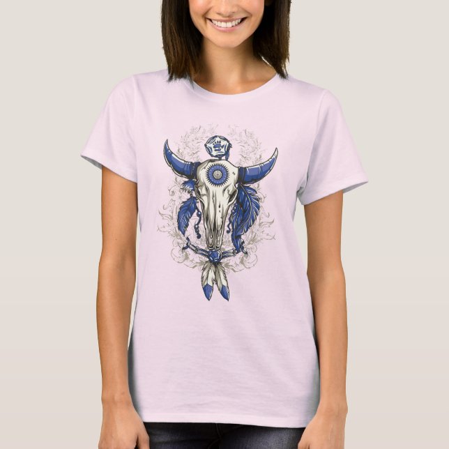 Camiseta Azul do CRÂNIO de BULL do nativo americano (Frente)