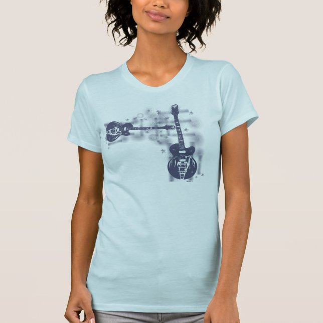 Camiseta Azul do gráfico 2 da guitarra (Frente)
