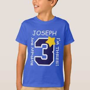 Camiseta AZUL do menino do aniversário de 3 anos um nome