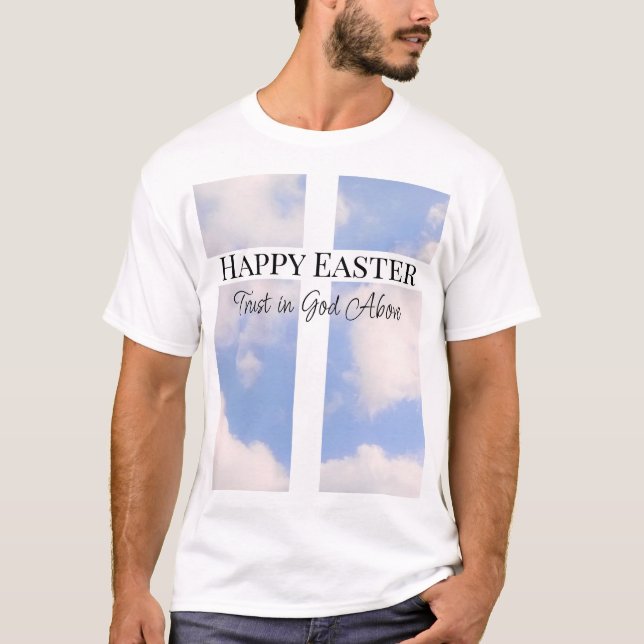 Camiseta Azul e Branco Feliz Páscoa Confie em Deus (Frente)