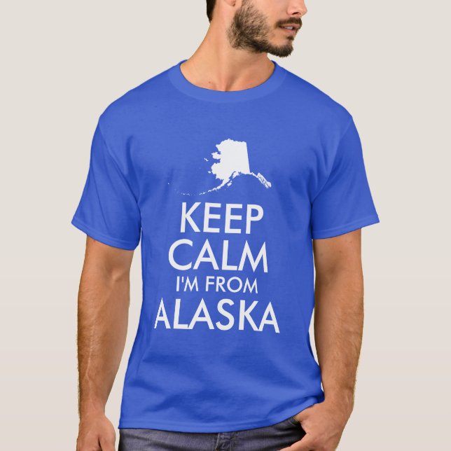Camiseta Azul e Branco Manter Calmo Eu sou do Alasca (Frente)