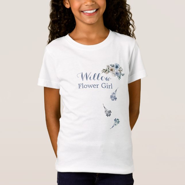 Camiseta Azul Empoeirado Branco Floral Menina das Flores -  (Frente)