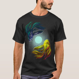 Camiseta Azul espiritual e Amarelo - Peixe Koi na Lua