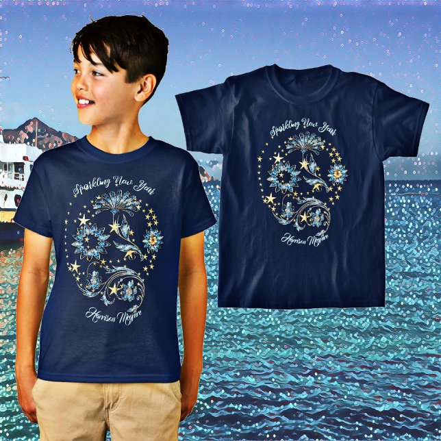 Camiseta Azul Espumante Ano Novo Estrelas de Brilho Festa F (Blue Sparkling New Year Glitter Stars Floral Party T-Shirt)