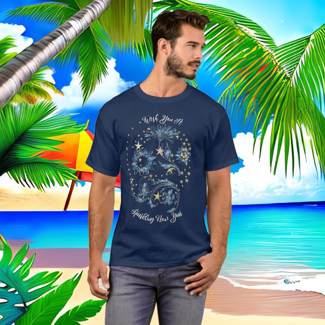 Camiseta Azul Espumante de Ano Novo Estrelas Brilhantes (Blue Sparkling New Year Glitter Cheer Stars Floral T-Shirt)