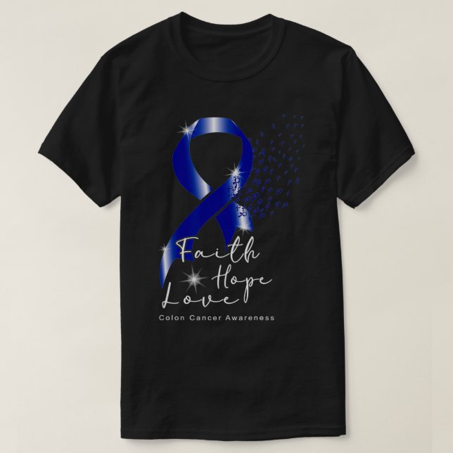 Camiseta Azul Fé da Fita Esperança Amor Consciência do Canc (Frente do Design)