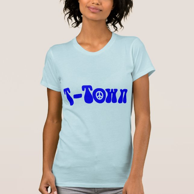 Camiseta Azul Funky retro da paz da "T-cidade" (pelo branco (Frente)