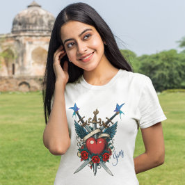 Camiseta Azul Náutico Vermelho Floral