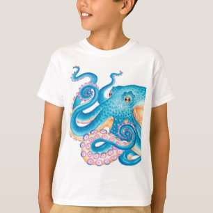 Camiseta Azul Octopus Kraken Laranja Cor de Água Rosa Azul