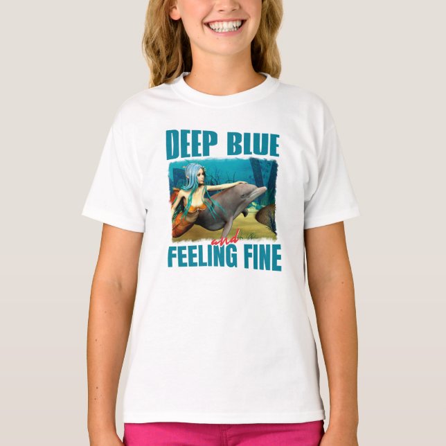 Camiseta Azul profundo e sensação de boa Sereia e golfinho (Frente)