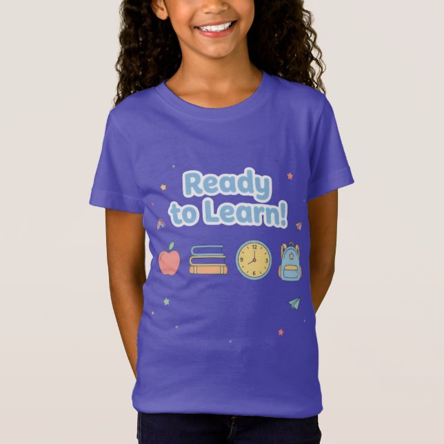 Camiseta Azul Pronto para Aprender  Fofo de Volta às Aulas  (Frente)