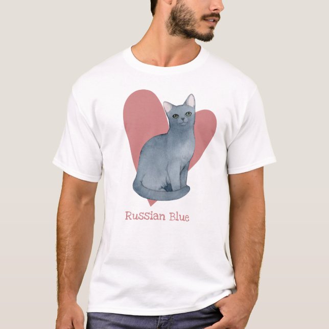 Camiseta Azul Russo, Gatinho de Aquarela, Coração Rosa (Frente)