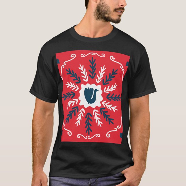 Camiseta Azulejo de Natal Folk Doodle Art (Frente)