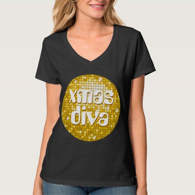 Camiseta Azulejos "Dourado" "xmas diva" senhoras v-neck (Frente)