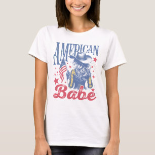 Camiseta Babe Americana Cowgirl no Chapéu 4 de julho Patrió