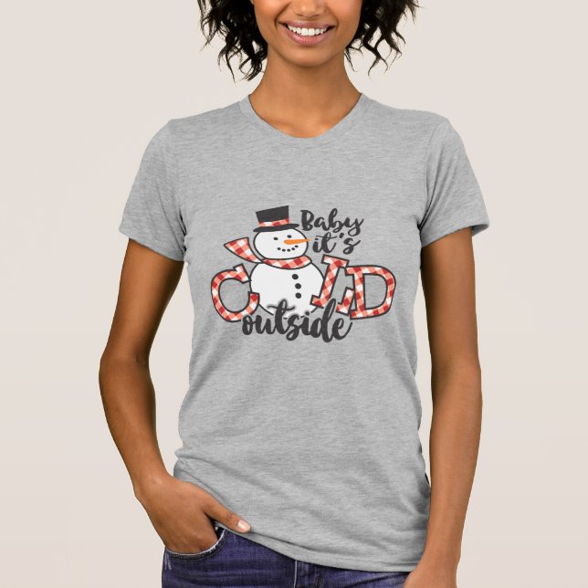 Camiseta Baby está frio lá fora, Xadrez de Snowman. (Frente)