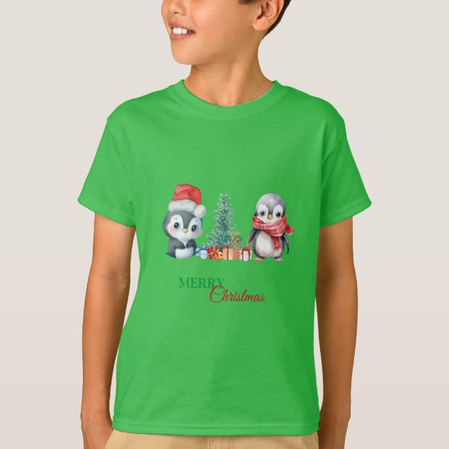 Camiseta Baby Penguin Papais noeis Red Green Felry Festa de (Frente)