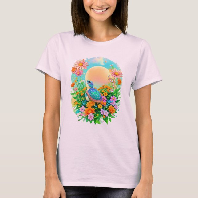 Camiseta Baby Turtle Sunrise Wildflower Garden Watercolor (Frente)