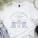 Camiseta Bachelorette Ocidental Náutica Costeira<br><div class="desc">camisetas personalizadas de festas de solteira de cowboy costeira em azul claro e branco com botas de cowboy e conchas é perfeito como um tema de festa de solteira divertido, moderno e antigo. Personalizado com o seu nome e os slogans "Moça costeira" e "último rodeio". Celebre seu chá de panela...</div>