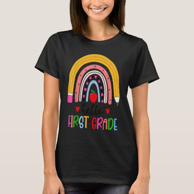 Camiseta Back To School Hello First Grade Teacher Rainbow T (Frente)