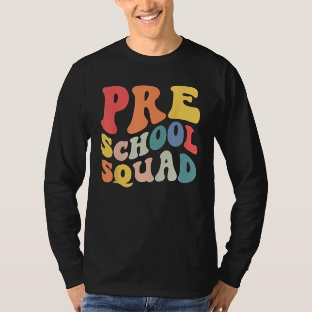 Camiseta Back to School Preschool Squad Groovy Teacher Kids (Frente)
