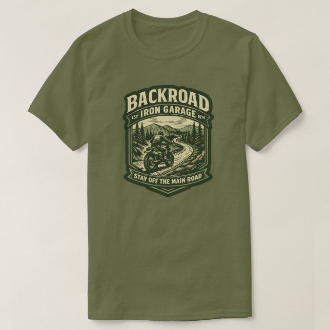Camiseta Backroad Iron Garage T-Shirt Scrambler Motorcycle (Frente do Design)
