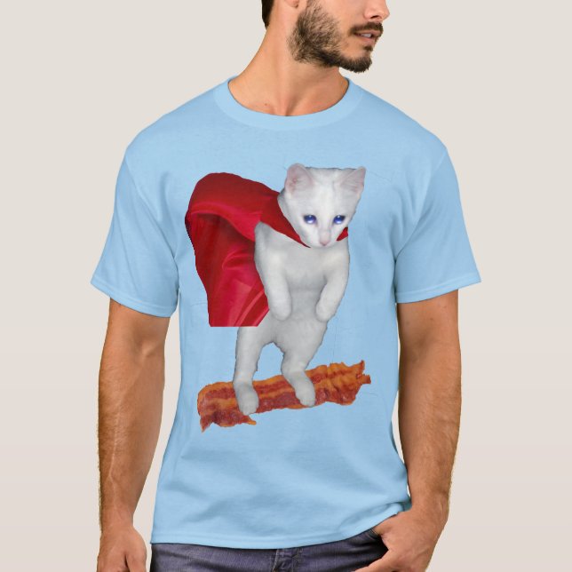 Camiseta Bacon da equitação do gato com cabo do super-herói (Frente)