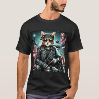 Camiseta Badass Cat - Motocicleta Feline Rebel em Couro Ja
