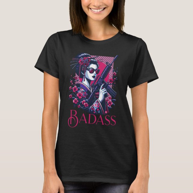 Camiseta Badass Rebel Japan Geisha Girl Machine Gun Floral (Frente)