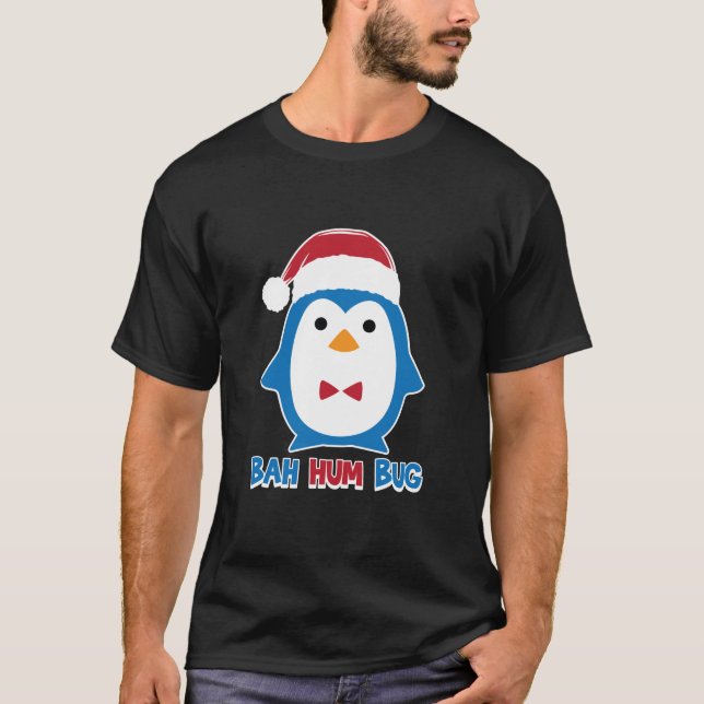 Camiseta Bah Hum Inseto Penguin Santa Hat Scrooge Anti Xmas (Frente)