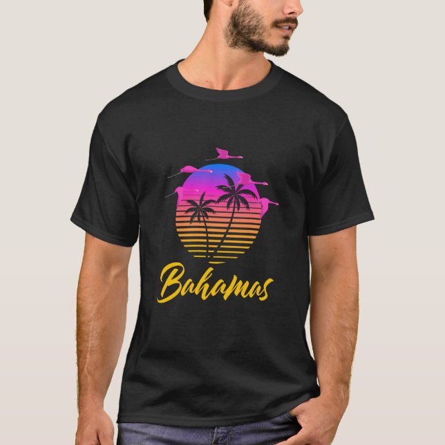 Camiseta Bahamas Caribbean Retro Sunset Palm Tree Flamingo  (Frente)