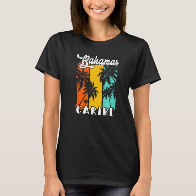 Camiseta Bahamas Palm Trees Beach Caribe Retro Vacation Fam (Frente)