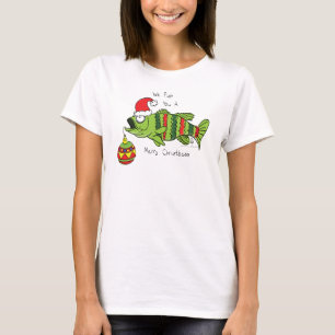 Camiseta Baixo Natal Engraçado Pesca Peixe Cartoon