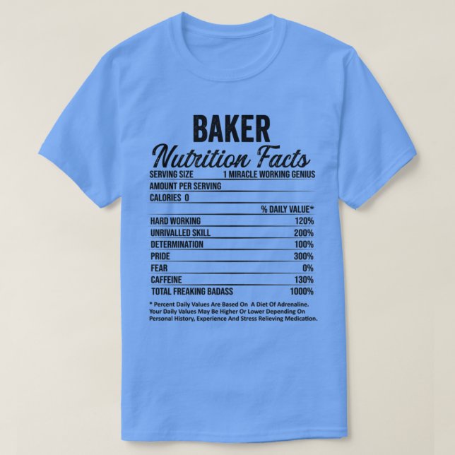 Camiseta Baker Nutrition Facts Engraçado Dons Ideias (Frente do Design)