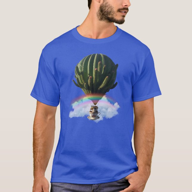 Camiseta Balão de Ar Quente de Gato Surreal com Cactus e Ra (Frente)