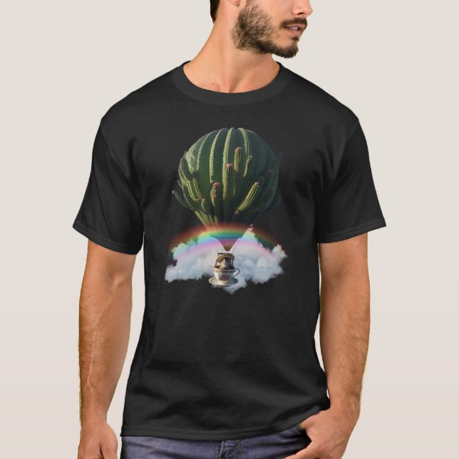 Camiseta Balão de Ar Quente de Gato Surreal com Cactus e Ra (Frente)