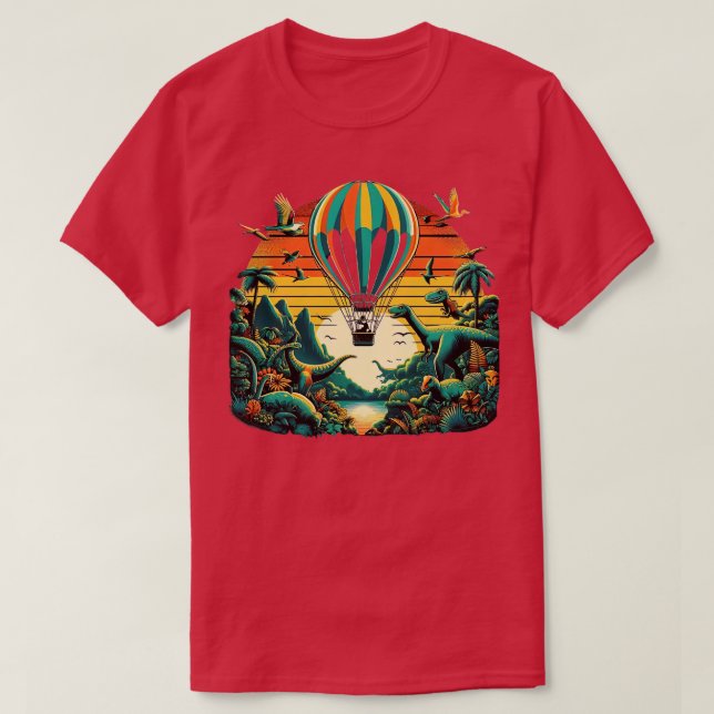 Camiseta balão de ar voando sobre uma floresta vibrante com (Frente do Design)