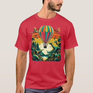 Camiseta balão de ar voando sobre uma floresta vibrante com