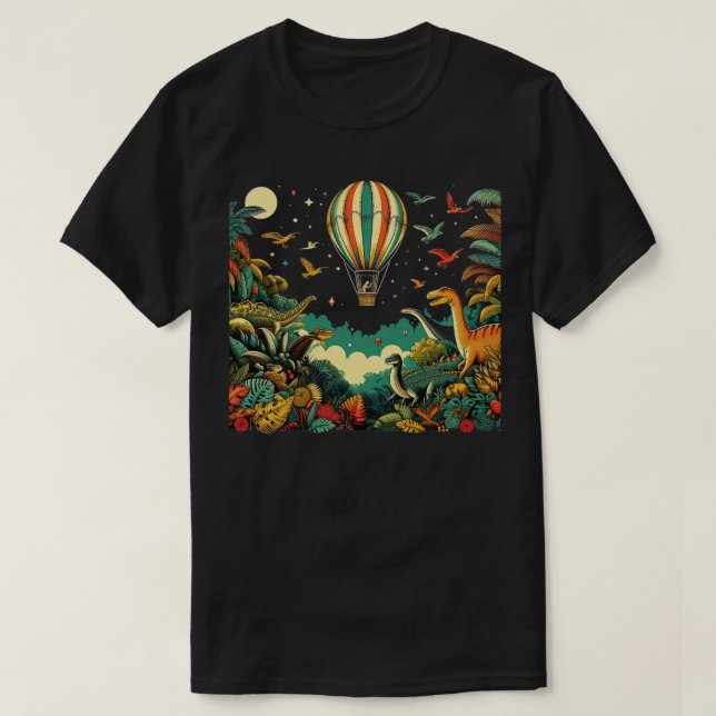 Camiseta balão de ar voando sobre uma floresta vibrante com (Frente do Design)