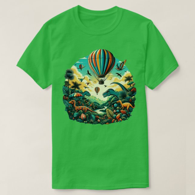 Camiseta balão de ar voando sobre uma floresta vibrante com (Frente do Design)