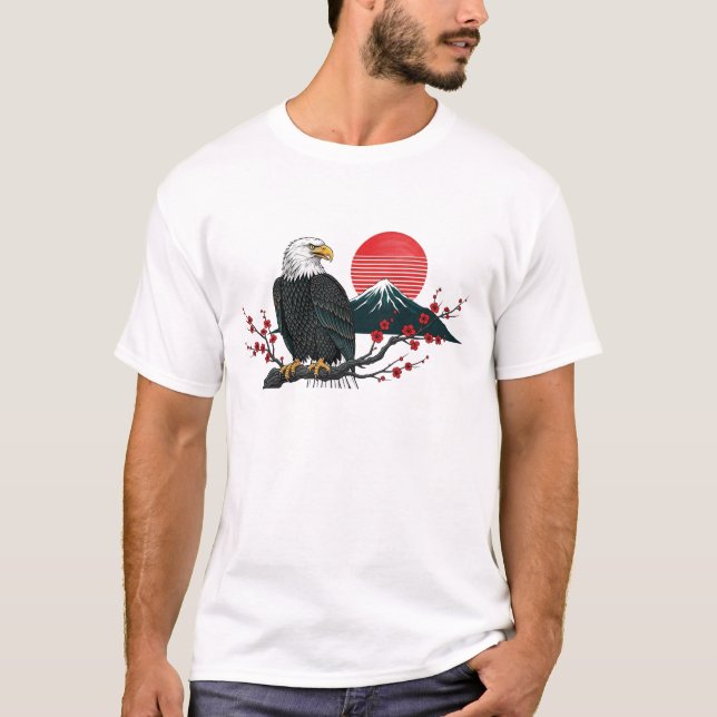 Camiseta  Bald Eagle on Cherry Blossom with Mount Fuji   (Frente)