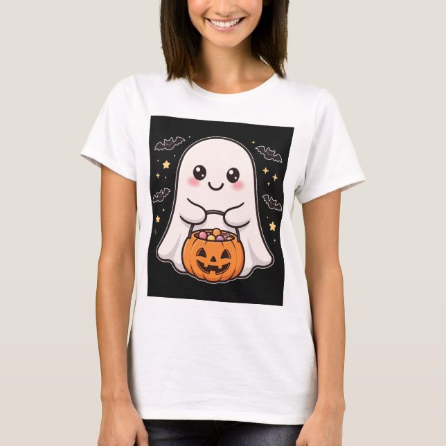 Camiseta Balde de Doces de Abóbora Fantasma Fofa (Frente)