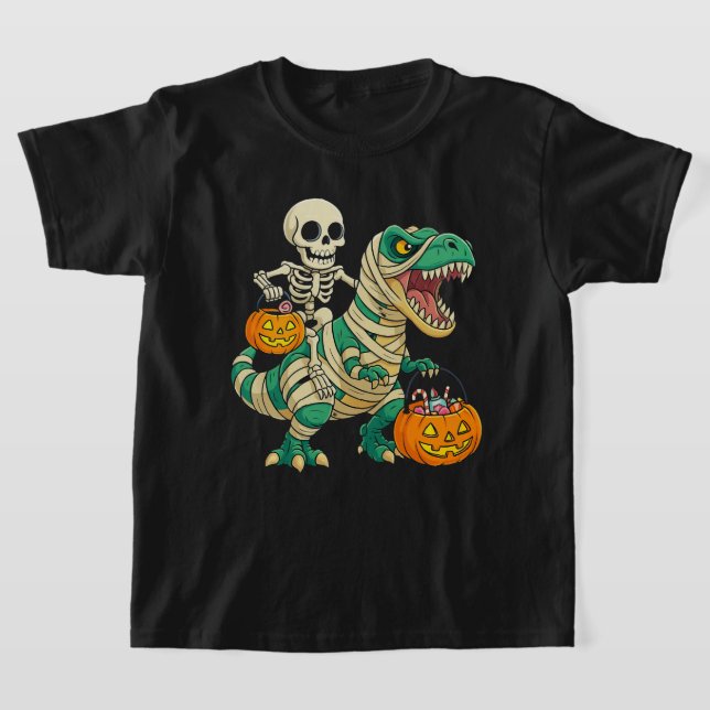 Camiseta Balde de Doces de Halloween com Esqueleto Vibrante (Postura )
