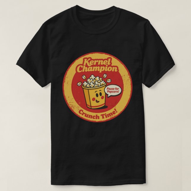 Camiseta Balde de Pipoca de Desenho Animado "Kernel Champio (Frente do Design)